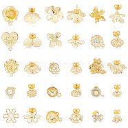 Alloy Stud Earring Findings, with Iron Ear Nuts, Flower, Golden, Golden, Stud Earring: 12~21x10~20mm, Hole: 1~3mm, Pin: 0.7mm, 30pcs; Ear Nuts: 6x4x3mm, Hole: 0.7~1mm, 30pcs(FIND-AR0001-66)