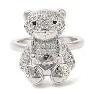 Bear Cubic Zirconia Open Cuff Rings, Rack Plating Brass Rings for Women, Platinum, Inner Diameter: 16.4mm(RJEW-K247-02P)