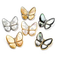 Shell Broochs, Butterfly with Heart Brass Rhinestone Pins for Women, Mixed Color, 32x36x9mm, hole: 5x3mm(AJEW-Z010-02)
