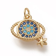 Brass Micro  Pave Cubic Zirconia Pendants, with Jump Rings, Planet, Blue, Real 18K Gold Plated, 15.5x16x3mm, Jump Ring: 5x1mm, 3mm Inner Diameter(ZIRC-L099-027G)
