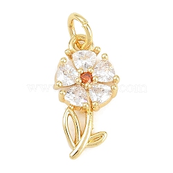 Brass Micro Pave Cubic Zirconia Pendants, Flower Charms, Long-Lasting Plated, Rack Plating, Lead Free & Cadmium Free, Real 18K Gold Plated, Orange, 16.5x8.5x3mm, Hole: 3.2mm(KK-F938-28G-02)