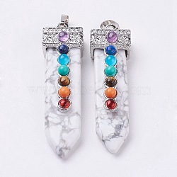 Natural Howlite with Synthetic & Natural Mixed Stone Chakra Big Pendants, Sword, Platinum, 57~60x16.5x12mm, Hole: 5mm(G-E415-A16)