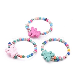 Kids Bracelets, Natural Wood Beaded Stretch Bracelets, with Alloy Spacer Beads, Bear, Mixed Color, Inner Diameter: 2-5/8~2-1/8 inch(5.3~6.7cm)(BJEW-JB05677-02)
