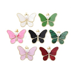 Rack Plating Brass Clear Cubic Zirconia Pendants, with Resin ABS Pearl, Cadmium Free & Lead Free, Long-Lasting Plated, Butterfly, Real 18K Gold Plated, Mixed Color, 29.5x41x6mm, Hole: 2.5x4.5mm(KK-S381-15G)