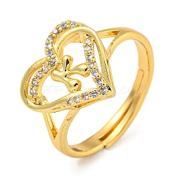 Heart with Letter Rack Plating Brass Micro Pave Clear Cubic Zirconia Adjustable Rings for Women, Lead Free & Cadmium Free, Real 18K Gold Plated, Letter K, Inner Diameter: 16mm(RJEW-I105-01G-K)