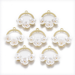 Alloy Pendants, with ABS Plastic Imitation Pearl, Ring with Flower, Light Gold, Creamy White, 28x25~26x5mm, Hole: 2mm(X-PALLOY-N155-12)