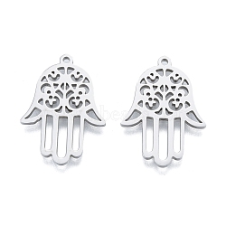 Non-Tarnish 201 Stainless Steel Pendant, Hollow Charms, Hamsa Hand/Hand of Miriam with Flower, Stainless Steel Color, 27x19x1.5mm, Hole: 1.4mm(STAS-B027-30P)