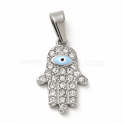 304 Stainless Steel Micro Pave Clear Cubic Zirconia Pendants, with Enamel, Hamsa Hand, Stainless Steel Color, 20x13x2.5mm, Hole: 7x3.5mm(STAS-M321-05P)