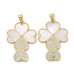 Brass Micro Pave Cubic Zirconia Pendants, with Shell, Clover, Real 18K Gold Plated, 31.5x21x2mm, Hole: 4x3.5mm(KK-D057-08G)