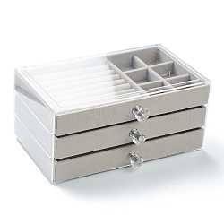 Rectangle Velvet & Wood Jewelry Boxes, 3 Layers with Plastic Cover, Portable Jewelry Storage Case, for Ring Earrings Necklace, Silver, 15.5x10.5x23.2cm(VBOX-P001-A01)