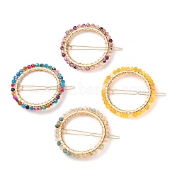 Alloy Hollow Geometric Natural Agate Beads Hair Barrettes, Ponytail Holder Statement, with Hair Accessories for Women, Ring Shape, Golden, 64.5mm, Ring: 55mm, Beads: 3.5~4mm(PHAR-JH00060)