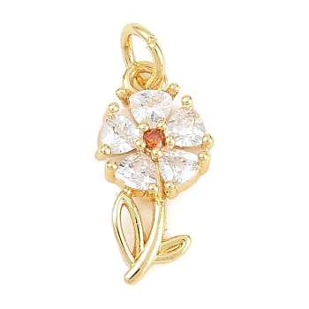 Brass Micro Pave Cubic Zirconia Pendants, Flower Charms, Long-Lasting Plated, Rack Plating, Lead Free & Cadmium Free, Real 18K Gold Plated, Orange, 16.5x8.5x3mm, Hole: 3.2mm