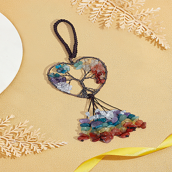 1Pc Wire Wrapped Chips Natural Gemstone Big Pendant Decorations, with Red Copper Plated Brass Wires and Nylon Cord, Heart with Tree of Life, 160mm