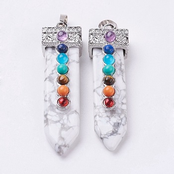 Natural Howlite with Synthetic & Natural Mixed Stone Chakra Big Pendants, Sword, Platinum, 57~60x16.5x12mm, Hole: 5mm