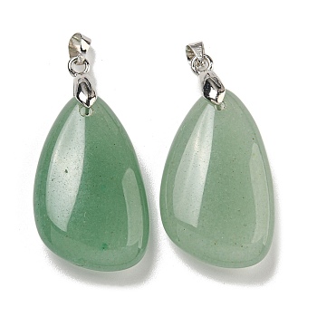 Natural Green Aventurine Pendants, Teardrop Charms, with Rack Plating Platinum Tone Brass Findings, Cadmium Free & Lead Free, 34x18x7.5mm, Hole: 4x5mm