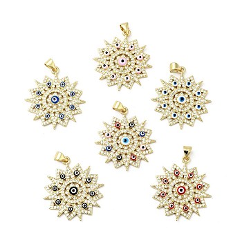 Rack Plating Brass Micro Pave Clear Cubic Zirconia Pendants, with Enamel, Cadmium Free & Lead Free, Real 18K Gold Plated, Flower with Evil Eye, Mixed Color, 29x27x3mm, Hole: 3.5x5mm