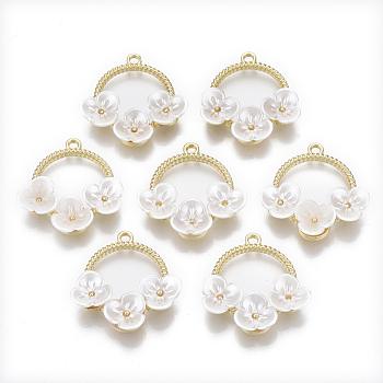 Alloy Pendants, with ABS Plastic Imitation Pearl, Ring with Flower, Light Gold, Creamy White, 28x25~26x5mm, Hole: 2mm