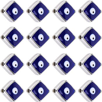 CCB Plastic Enamel Beads, Platinum Metal Color, Rhombus with Evil Eyes, Blue, 16.5x13x5mm, 100pcs/box