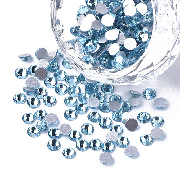 Glass Flat Back Rhinestone Cabochons, Back Plated, Faceted Half Round, Aquamarine, SS12, 3~3.2x1.5mm, about 1440pcs/bag