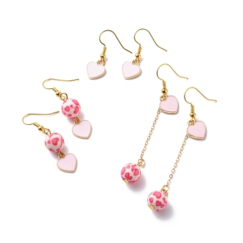3 Pairs 3 Style Pink Alloy Enamel Charms & Resin Beads Dangle Earrings, Valentine Theme Brass Jewelry for Women, Golden, Heart Pattern, 29~67.5mm, Pin: 0.5mm