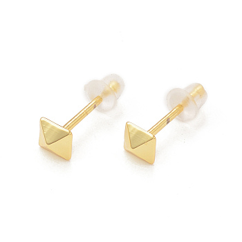 Rack Plating Brass Pyramid Stud Earrings for Women, Real 18K Gold Plated, 4x4mm, Pin: 0.7mm