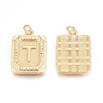Brass Pendants, with Jump Rings, Cadmium Free & Nickel Free & Lead Free, Rectangle with Letter, Real 18K Gold Plated, Letter.T, 22.5x16x2mm, Jump Ring: 5x1mm, 3mm inner diameter