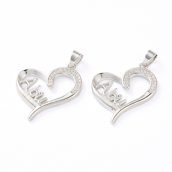 Brass Micro Pave Clear Cubic Zirconia Pendants, Long-Lasting Plated, for Father's Day, Heart with Word Abu, Real Platinum Plated, 26x22x3mm, Hole: 4x3mm