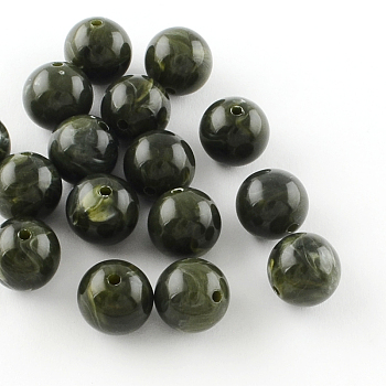 Acrylic Imitation Gemstone Beads, Round, Dark Olive Green, 10mm, Hole: 2mm