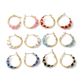 Enamel Croissant Hoop Earrings, Real 14K Gold Plated, 304 Stainless Steel Jewelry, Mixed Color, 22x25x8mm, Pin: 0.8mm