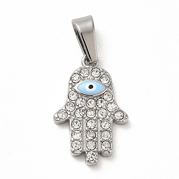 304 Stainless Steel Micro Pave Clear Cubic Zirconia Pendants, with Enamel, Hamsa Hand, Stainless Steel Color, 20x13x2.5mm, Hole: 7x3.5mm