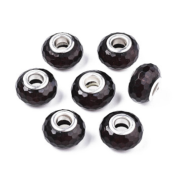 Resin European Beads, Large Hole Beads, with Silver Color Plated Brass Cores, Faceted, Rondelle, Large Hole Beads, Olive Drab, 14x9mm, Hole: 5mm