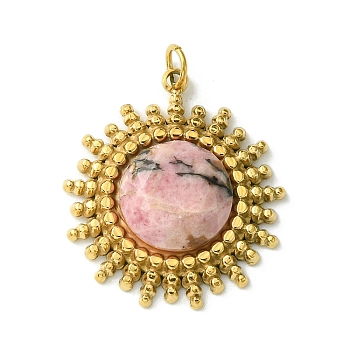 Ion Plating(IP) 304 Stainless Steel Pave Faceted Natural Rhodonite Pendants, Sun Charms, Real 14K Gold Plated, 22x19.5x5mm