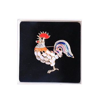 Rooster with Cat Eye Pins, Alloy Rhinestone Brooches, Colorful, 51x45mm