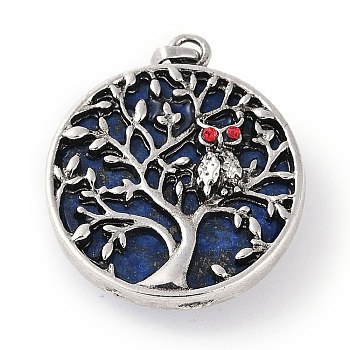 Dyed Natural Lapis Lazuli Tree of Life with Owl Pendants, Rack Plating Anstique Silver Plated Alloy Siam Rhinestone Flat Round Charms, Lead Free & Cadmium Free, 31.5x27.5x10~11mm, Hole: 8x4mm