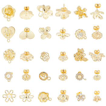 Alloy Stud Earring Findings, with Iron Ear Nuts, Flower, Golden, Golden, Stud Earring: 12~21x10~20mm, Hole: 1~3mm, Pin: 0.7mm, 30pcs; Ear Nuts: 6x4x3mm, Hole: 0.7~1mm, 30pcs