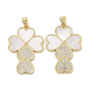 Brass Micro Pave Cubic Zirconia Pendants, with Shell, Clover, Real 18K Gold Plated, 31.5x21x2mm, Hole: 4x3.5mm
