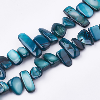 Freshwater Shell Beads Strands, Dyed, Nuggets, Steel Blue, 6~25x4~14x3~7mm, Hole: 1mm, about 96~100pcs/strand, 31.4 inch