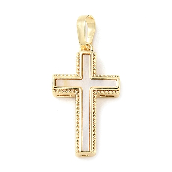 Brass Pave Natural White Shell Pendants, Religion Cross Charms, Long-Lasting Plated, Lead Free & Cadmium Free, Rack Plating, Real 18K Gold Plated, 23x13x3.5mm, Hole: 3.5x6mm