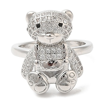 Bear Cubic Zirconia Open Cuff Rings, Rack Plating Brass Rings for Women, Platinum, Inner Diameter: 16.4mm