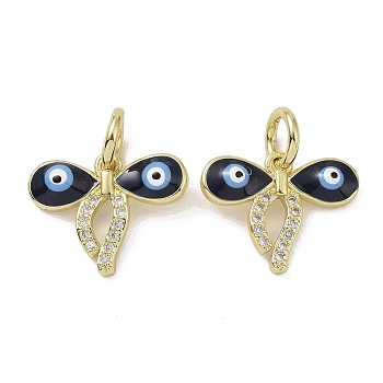 Real 18K Gold Plated Brass Micro Pave Cubic Zirconia Pendants, with Enamel and Jump Ring, Evil Eye Charms, Bowknot, 12x15x2.5mm, Hole: 4mm