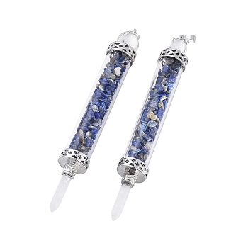 Natural Lapis Lazuli Big Pendants, Dowsing Pendulum Pendants Making, with Quartz Crystal Round Beads, Glass and Brass Findings, Column, Platinum, 130x17mm, Hole: 5x7mm