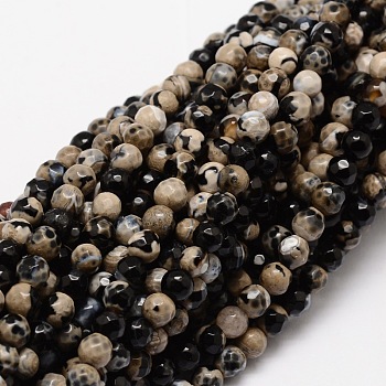 Faceted Natural Agate Round Beads Strands, Dyed, Black, 4mm, Hole: 1mm, about 92pcs/strand, 15.3 inch