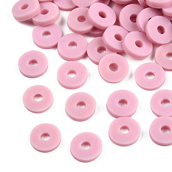 Eco-Friendly Handmade Polymer Clay Beads, Disc/Flat Round, Heishi Beads, Flamingo, 6x1mm, Hole: 2mm, about 23500pcs/1000g