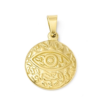 Vacuum Plating 304 Stainless Steel Pendants, Textured, Flat Round with Eye, Golden, 23x19x3mm, Hole: 6.5x3mm
