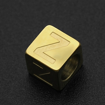 201 Stainless Steel European Beads, Large Hole Beads, Horizontal Hole, Cube, Golden, Letter.Z, 7x7x7mm, Hole: 5mm