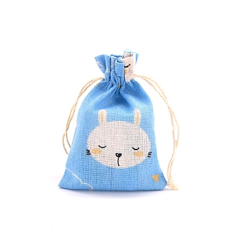 Rectangle Printed Cotton Cloth Storage Bags, Drawstring Pouches Packaging Bag, Rabbit, 14x10cm