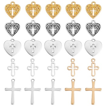DIY Pendant Jewelry Making Finding Kit, Including 70Pcs 7 Style Brass & Alloy & 304 Stainless Steel Pendants, Heart & Cross, Mixed Color, 10~17x6.5~16x0.8~2mm, Hole: 0.9~1.8mm, 10Pcs/style