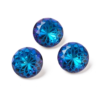 K9 Glass Rhinestone Pointed Back Cabochons, Random Color Back Plated, Faceted, Diamond, Flower Pattern, Bermuda Blue, 14x7mm