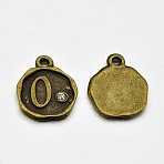 Antique Bronze Plated Alloy Rhinestone Charms, Flat Round with Num.0, Nickel Free, 13x10x1.5mm, Hole: 1mm(ALRI-J153-00-NF)