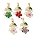 Brass Micro Pave Cubic Zirconia with ABS Plastic Imitation Pearl Pendants, Flower Charms, Golden, Mixed Color, 18x14x5mm, Hole: 6x3.5mm(KK-Z141-05G)
